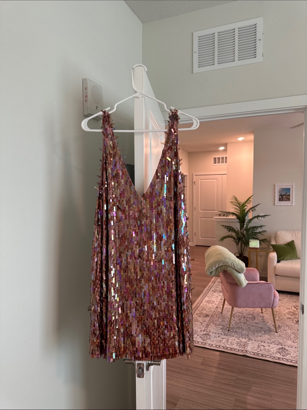 Free People Rose Gold Sequin Deep V-Neck Mini Dress WITH POCKETS
